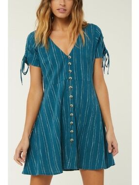 O'Neill Truly Woven Teal Stripe Button-Front V-Neck Dress, Size XL